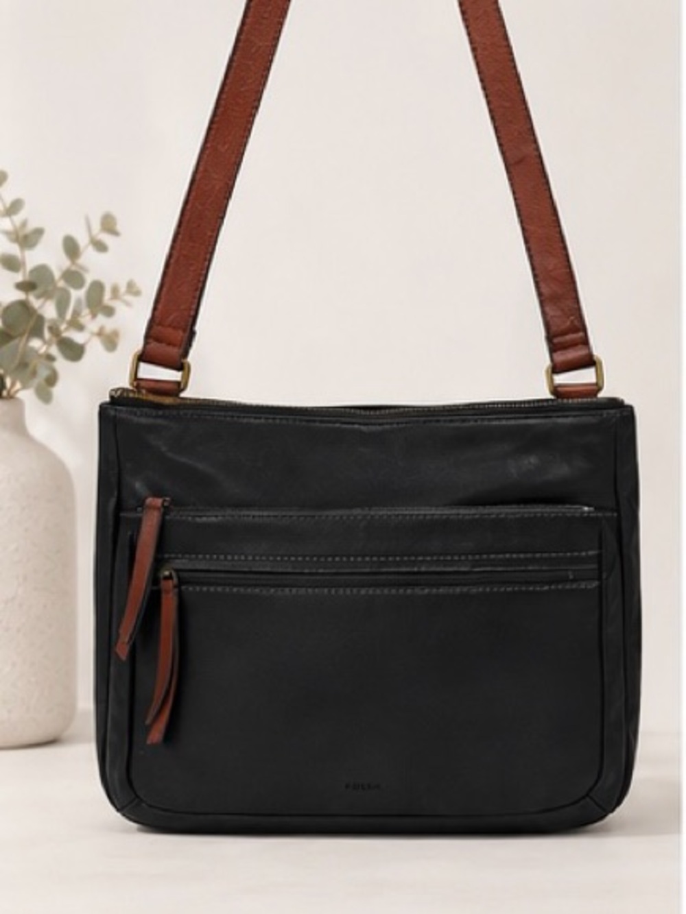 Fossil Black Leather Crossbody Shoulder Bag Brown Strap & Dust Bag